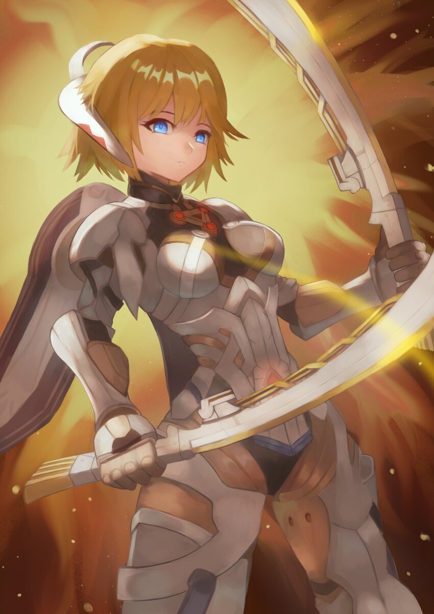 1girl, absurdres, armor, armored_bodysuit, blonde_hair, blue_eyes, bodysuit, breasts