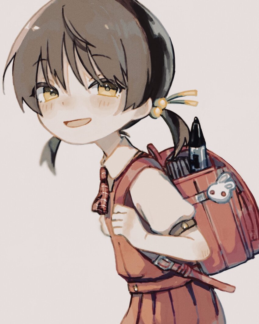 1girl, backpack, bag, bag_charm, black_hair, blush, charm_(object), collared_shirt, cowboy_shot, dress, from_side, grey_background, hair_bobbles, hair_ornament, highres, holding_strap, kaai_yuki, looking_at_viewer, looking_to_the_side, low_twintails, nakya_(tanakya_sss), necktie, open_mouth, pinafore_dress, plaid_clothes, plaid_necktie, pleated_dress, puffy_short_sleeves, puffy_sleeves, randoseru, red_bag, red_dress, red_necktie, shirt, short_hair, short_sleeves, simple_background, sleeveless, sleeveless_dress, smile, solo, twintails, vocaloid, white_shirt, yellow_eyes