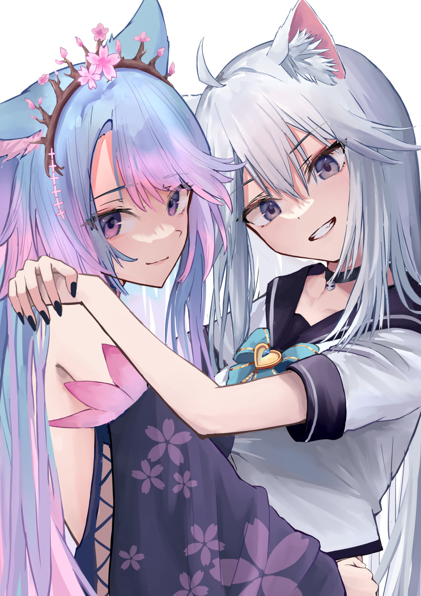 2girls, absurdres, ahoge, animal_ear_fluff, animal_ears, arms_around_neck, arms_around_another's_waist, backless_kimono