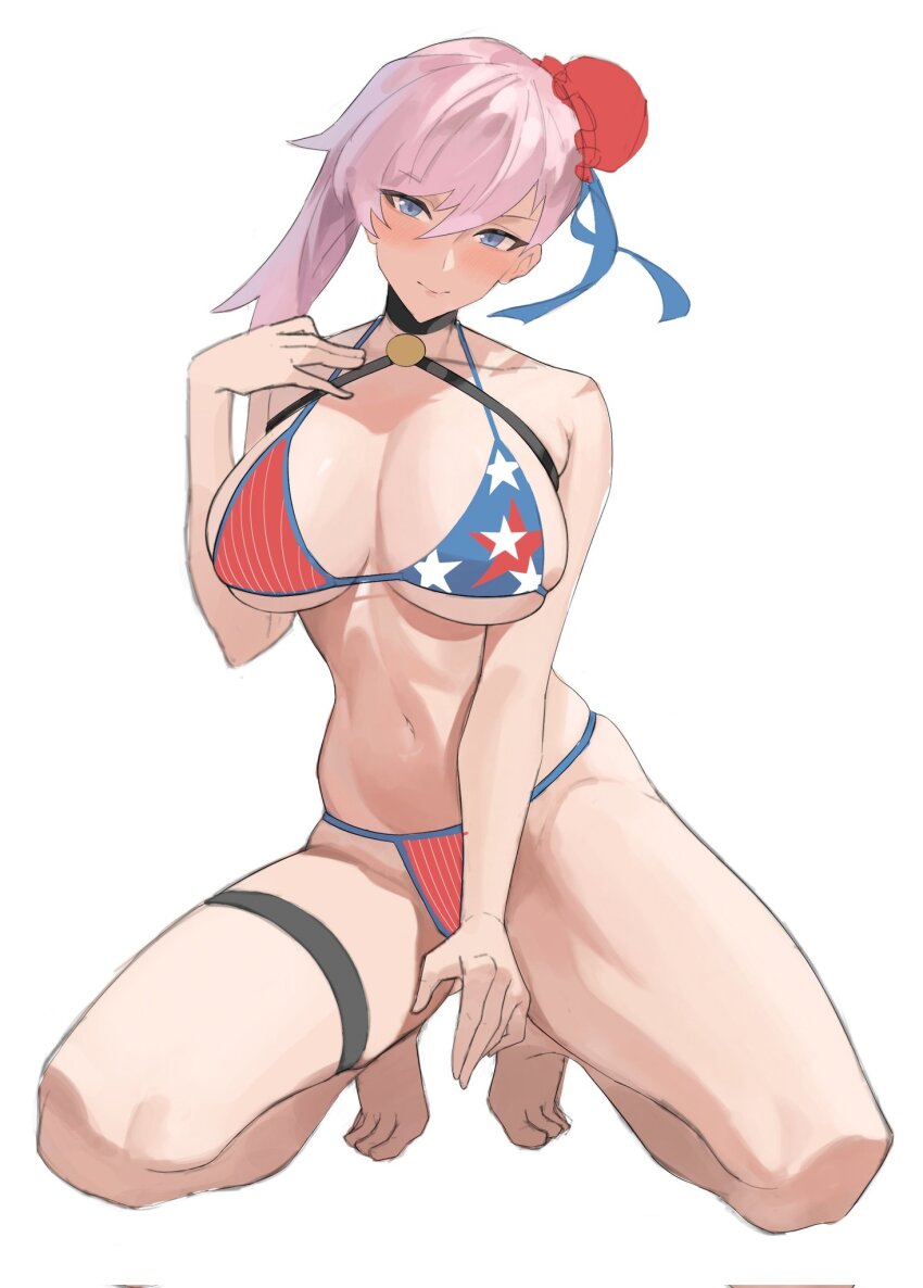 1girl, american_flag, american_flag_bikini, american_flag_print, asymmetrical_hair, barefoot, bikini, blue_eyes