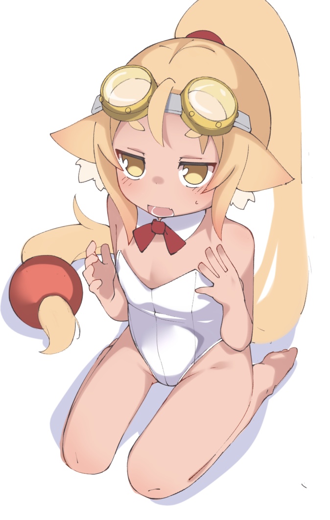 1girl, ahoge, animal_ear_fluff, animal_ears, bare_arms, bare_legs, bare_shoulders, barefoot, blush, copyright_request, fang, goggles, goggles_on_head, leotard, light_brown_hair, long_hair, lyanon, open_mouth, ponytail, shadow, short_eyebrows, simple_background, sitting, solo, strapless, strapless_leotard, sweat, thick_eyebrows, very_long_hair, wariza, white_background, white_leotard
