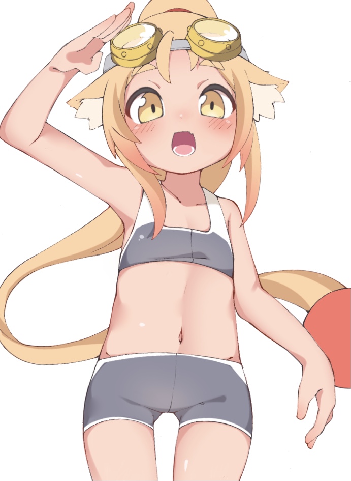 1girl, :d, animal_ear_fluff, animal_ears, arm_up, bare_arms, bare_shoulders, bikini