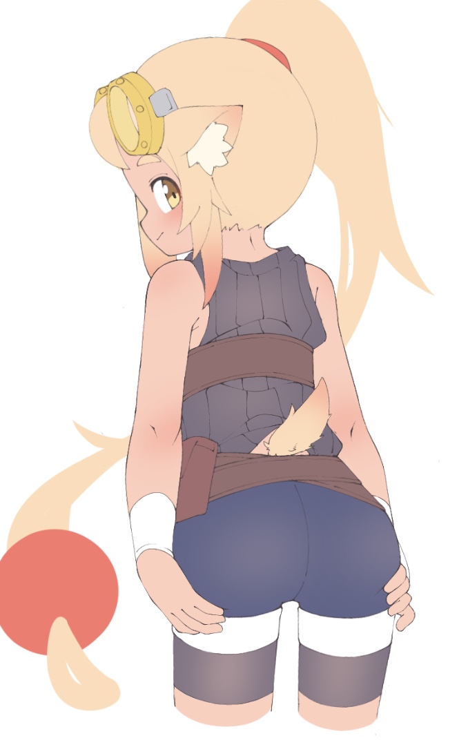 1girl, ahoge, animal_ear_fluff, animal_ears, ass, bare_shoulders, black_sweater, blue_shorts, blush, brown_eyes, closed_mouth, copyright_request, cropped_legs, from_behind, goggles, goggles_on_head, hands_on_own_ass, high_ponytail, leaning_forward, light_brown_hair, looking_at_viewer, looking_back, lyanon, ponytail, profile, ribbed_sweater, short_eyebrows, short_shorts, shorts, simple_background, sleeveless, sleeveless_sweater, smile, solo, sweater, thick_eyebrows, white_background, wrist_cuffs
