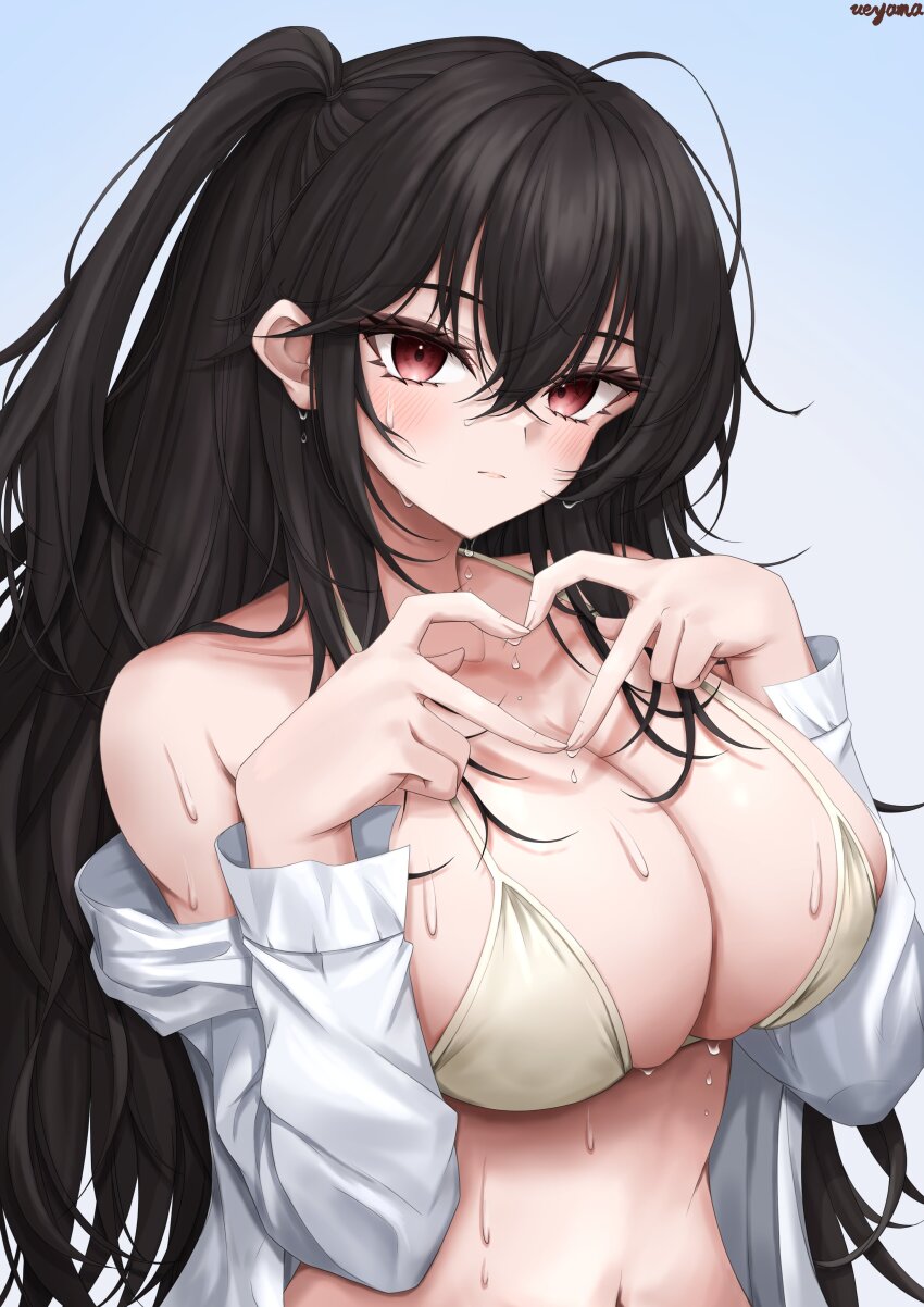 1girl, absurdres, ahoge, azur_lane, bare_shoulders, bikini, black_hair, blush