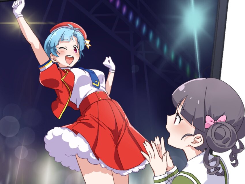 2girls, black_hair, blue_hair, chignon, highres, multiple_girls, pasokan-tan, red_skirt