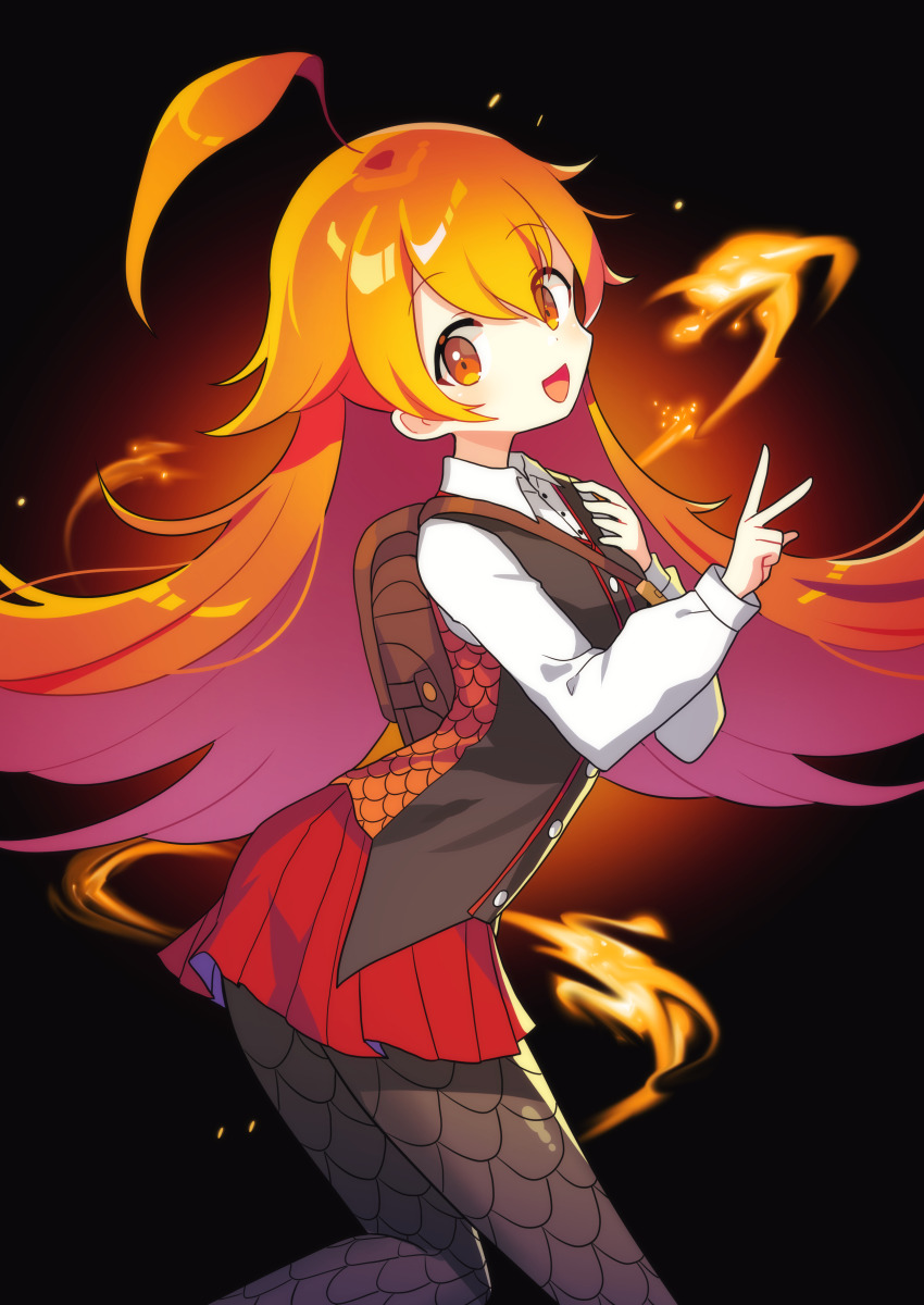 1girl, :d, absurdres, ahoge, backpack, bag, brown_pantyhose, collared_shirt