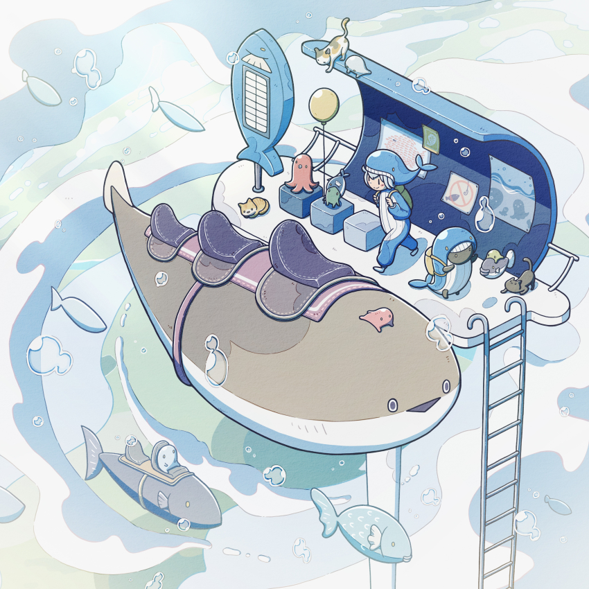 1girl, absurdres, air_bubble, animal, animal_costume, animal_hat, backpack, bag, balloon, black_cat, blue_hair, brown_cat, bubble, bus_stop, calico_(pattern), cat, closed_mouth, commentary_request, fish, hands_up, hat, highres, holding_strap, ladder, long_sleeves, octopus, original, sacabambaspis, saddle, short_hair, sign, sitting, smile, split_mouth, standing, tti_design, underwater, walking, water, whale_hat, |_|