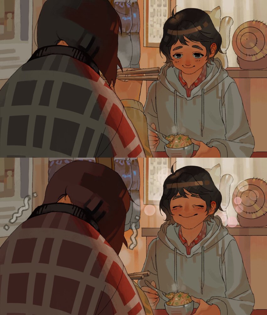 2girls, 2koma, bowl, brown_eyes, brown_hair, chopsticks, comic, eating