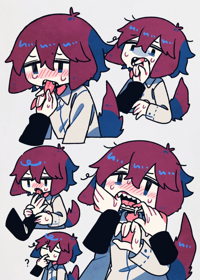 1girl, 1other, ?, \||/, animal_ears, antenna_hair, blue_eyes, chibi, dog_ears, dog_tail, fangs, finger_in_another's_mouth, floppy_ears, hair_between_eyes, hand_up, highres, multiple_views, original, purple_hair, sharp_teeth, simple_background, sweat, tail, tail_raised, teeth, tongue, tongue_out, white_background, yaigi