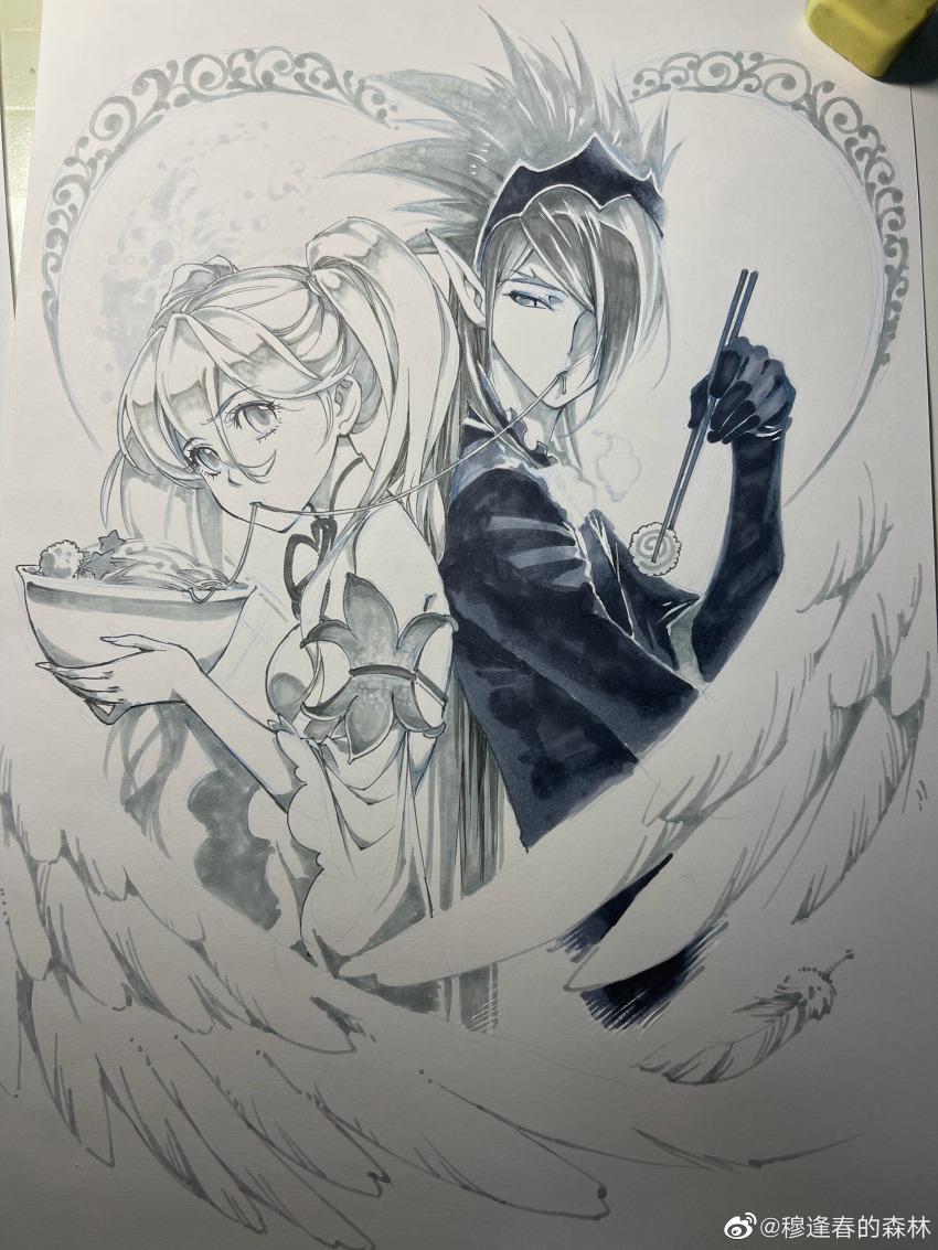 1boy, 1girl, absurdres, angel_wings, back-to-back, bai_chenxiang_(douluo_dalu), bare_back, bowl, chopsticks, couple, detached_sleeves, douluo_dalu, fish_cake, food, food_in_mouth, heart, highres, holding, holding_bowl, holding_chopsticks, looking_back, ma_hongjun_(douluo_dalu), mu_fengchun, noodles, official_art, pointy_ears, star_(symbol), traditional_media, twintails, upper_body, wings