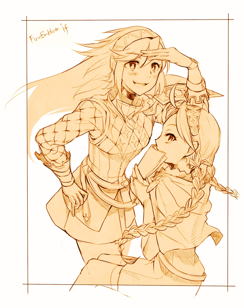 2girls, ahoge, ajyu_(koya), book, braid, capelet, fire_emblem, fire_emblem_fates