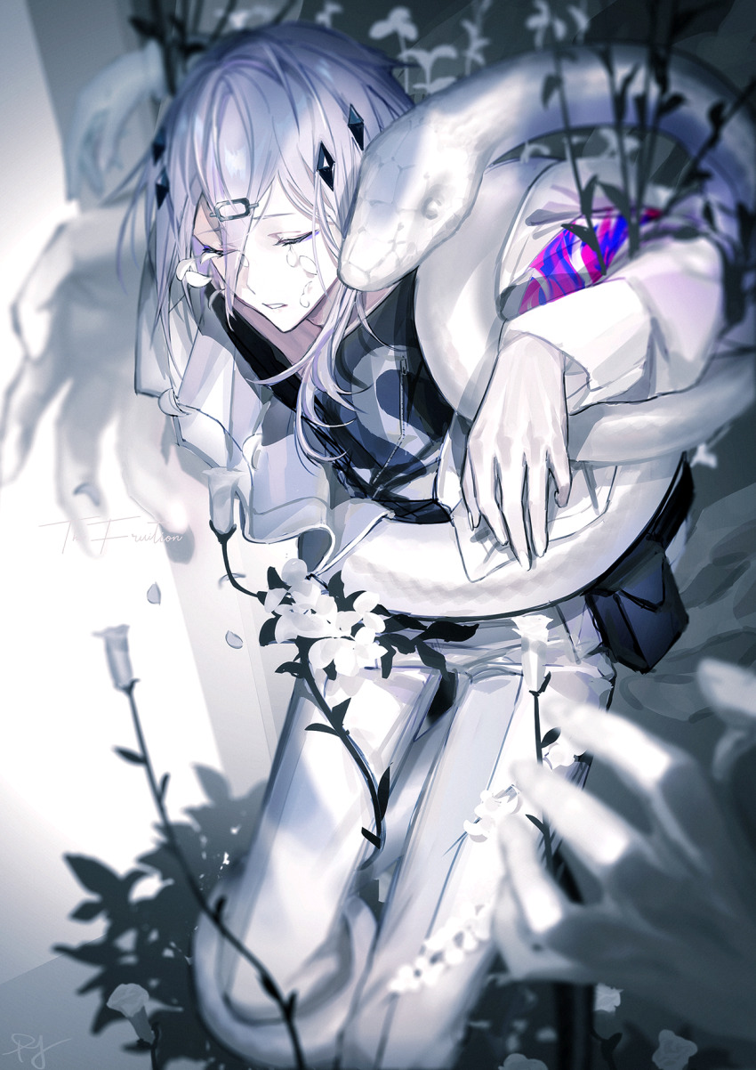1boy, arknights, bishounen, black_shirt, closed_eyes, closed_mouth, flower, from_side
