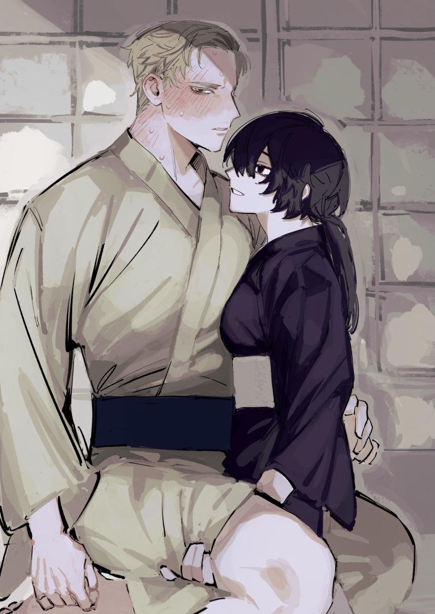 1boy, 1girl, assertive_female, black_eyes, black_hair, black_kimono, blush, couple, femdom, grey_hair, grey_kimono, hand_on_another's_thigh, hetero, highres, japanese_clothes, kimono, original, short_hair, size_difference, sweat, yashiki_52