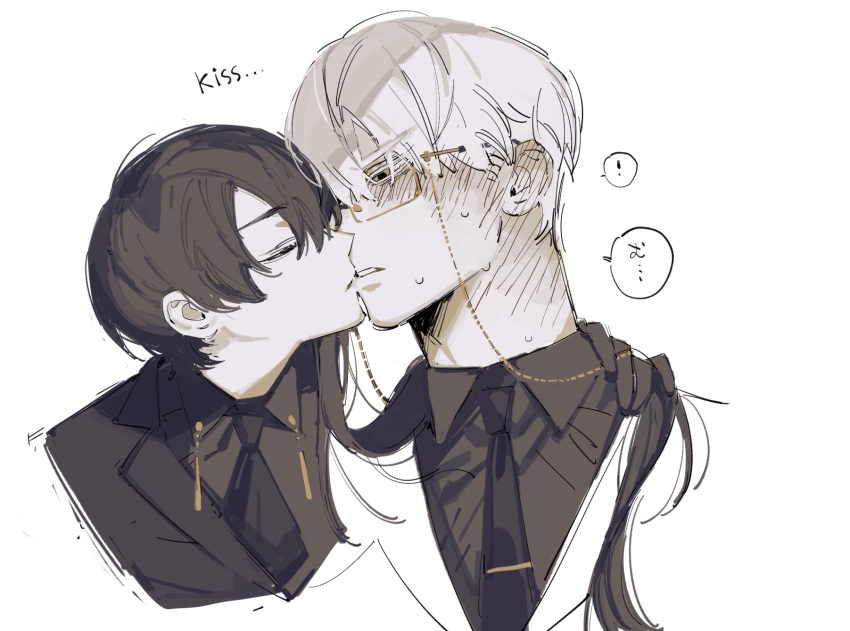 1boy, 1girl, assertive_female, black_hair, black_necktie, black_suit, closed_eyes, couple, english_text, femdom, formal_clothes, grey_hair, hetero, highres, imminent_kiss, kiss, necktie, original, short_hair, simple_background, suit, sweat, upper_body, white_background, yashiki_52
