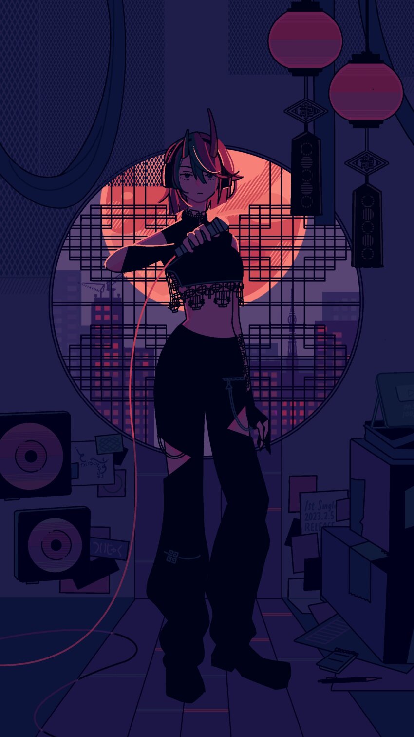 1girl, absurdres, alternate_costume, arm_at_side, black_eyes, black_gloves, black_hair, black_pants, black_shirt, black_shoes, box, breasts, cardboard_box, closed_mouth, commentary_request, crop_top, demon_girl, demon_horns, doo_(amaiamaidoo), expressionless, fingerless_gloves, full_body, gloves, hair_between_eyes, headphones, highres, holding, holding_microphone, horns, indoors, lace, lace-trimmed_shirt, lace_trim, lantern, long_bangs, looking_at_viewer, medium_breasts, microphone, midriff, multicolored_hair, nanashi_inc., notepad, pants, paper_lantern, pen, red_hair, round_window, ryugasaki_rene, shirt, shoes, short_hair, solo, standing, two-tone_hair, virtual_youtuber, window
