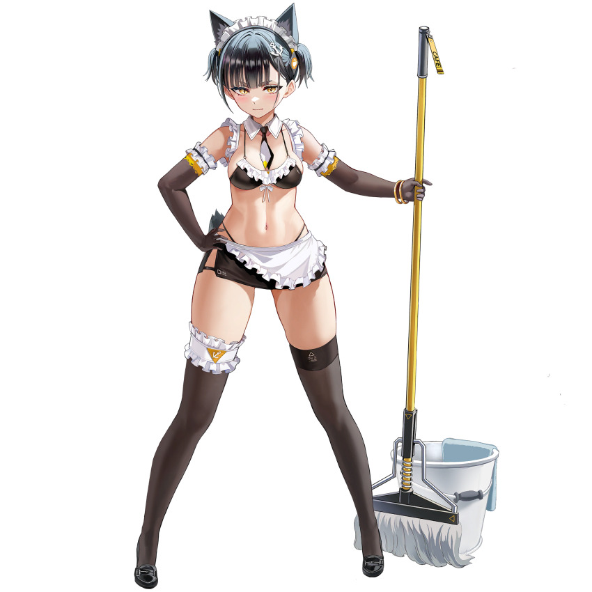 1girl, anchor_hair_ornament, animal_ear_fluff, animal_ears, apron, asymmetrical_legwear, bikini, black_bikini, black_footwear, black_hair, black_necktie, black_skirt, blush, bracelet, brown_gloves, brown_thighhighs, bucket, closed_mouth, collar, detached_collar, dog_ears, dog_girl, dog_tail, elbow_gloves, english_text, fang, frilled_apron, frilled_bikini, frilled_gloves, frilled_thighhighs, frills, full_body, game_cg, gloves, hair_ornament, hand_on_own_hip, high_heels, highres, holding, holding_mop, jewelry, last_origin, legs_apart, linea_alba, looking_at_viewer, maid, maid_apron, maid_bikini, maid_headdress, miniskirt, mop, multicolored_necktie, navel, necktie, o-ring, o-ring_top, official_alternate_costume, official_art, pencil_skirt, pumps, ribbon, short_apron, short_hair, short_necktie, short_tail, short_twintails, side_slit, simple_background, skirt, slit_pupils, smile, solo, standing, string_bikini, swimsuit, tachi-e, taesi, tag, tail, thick_eyebrows, thighhighs, third-party_source, towel, transparent_background, twintails, unconventional_maid, vargr_(last_origin), white_apron, white_collar, white_necktie, white_ribbon, yellow_eyes, yellow_necktie