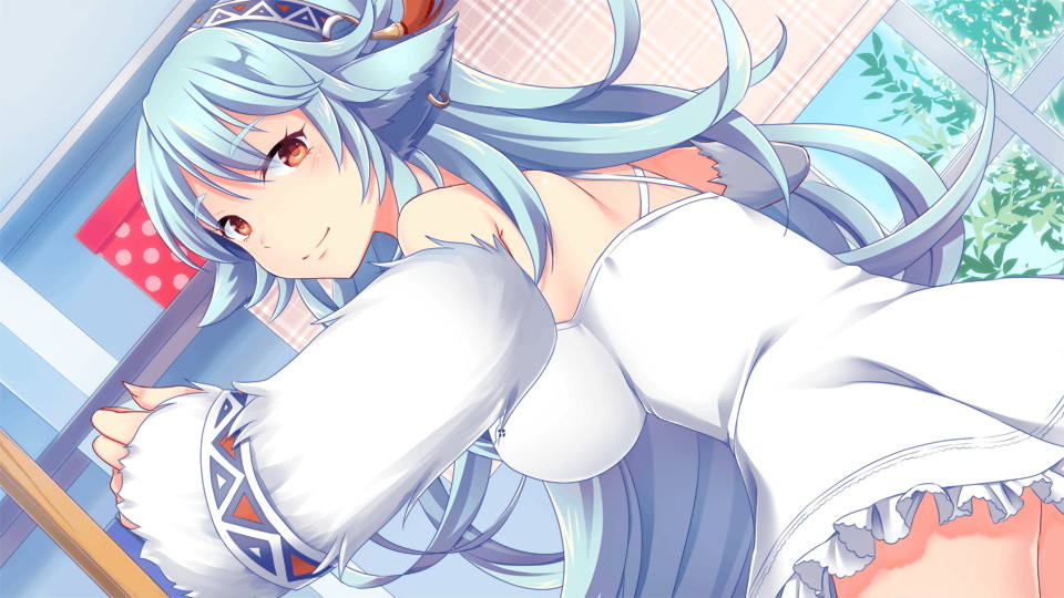 1girl, animal_ears, artist_request, blue_hair, bracelet, breasts, dress, earrings
