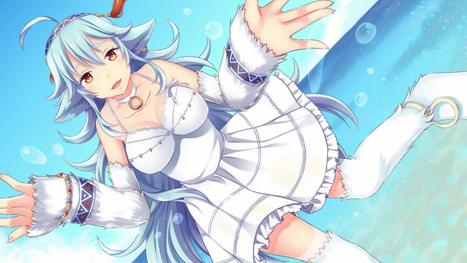 1girl, animal_ears, artist_request, blue_hair, bracelet, breasts, dress, earrings
