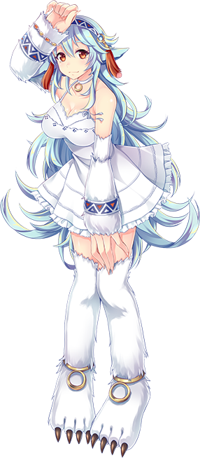 1girl, animal_ears, anklet, artist_request, blue_hair, bracelet, breasts, brown_eyes, claws, dress, earrings, fingernails, game_cg, hair_between_eyes, jewelry, large_breasts, large_hands, long_hair, miti_(monster_musume), monster_musume_no_iru_nichijou, monster_musume_no_iru_nichijou_online, necklace, official_art, solo, thighhighs, transparent_background, very_long_hair, white_dress, yeti_(creature), zettai_ryouiki