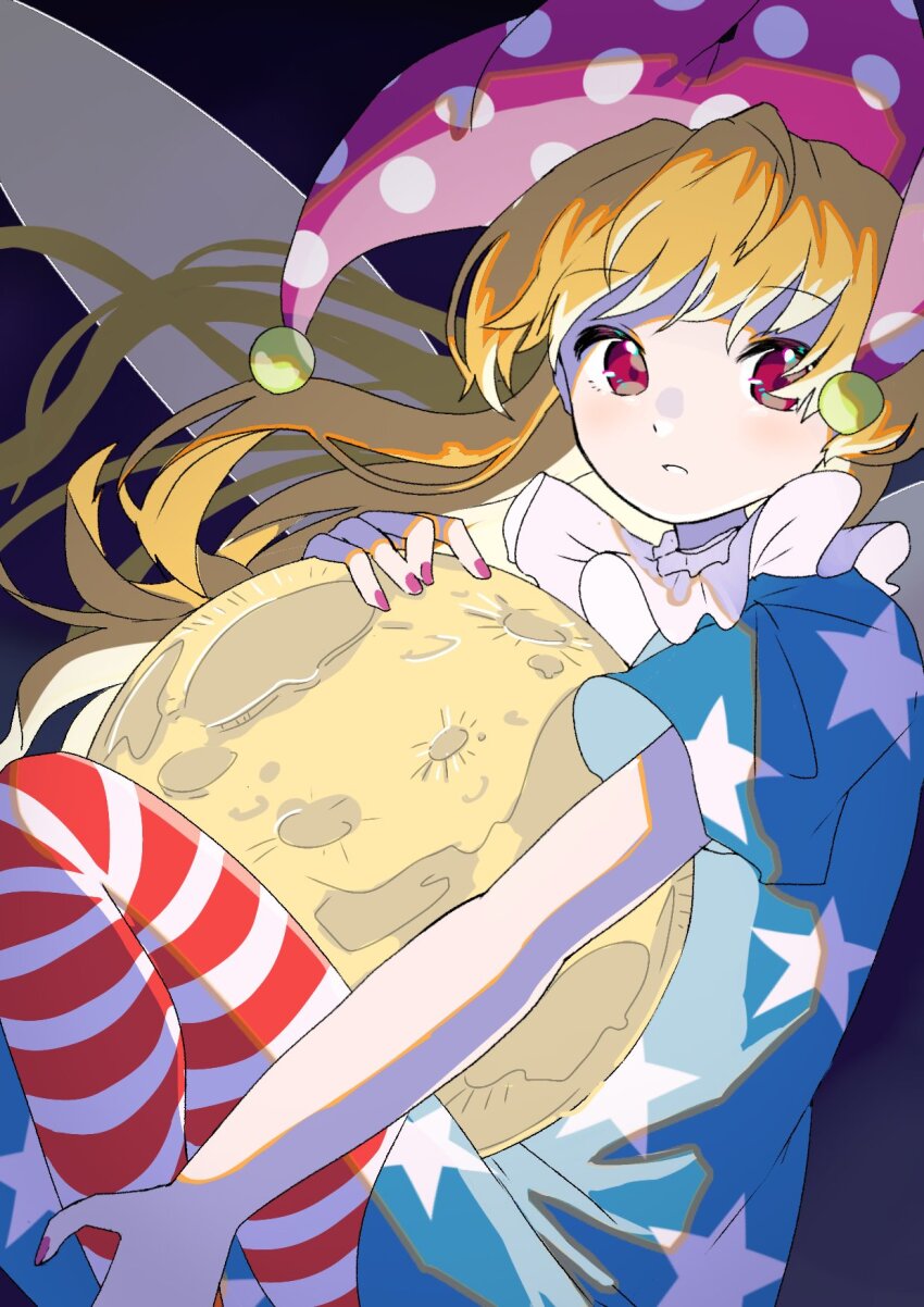 1girl, american_flag_dress, american_flag_legwear, blonde_hair, clownpiece, fairy, fairy_wings, fingernails