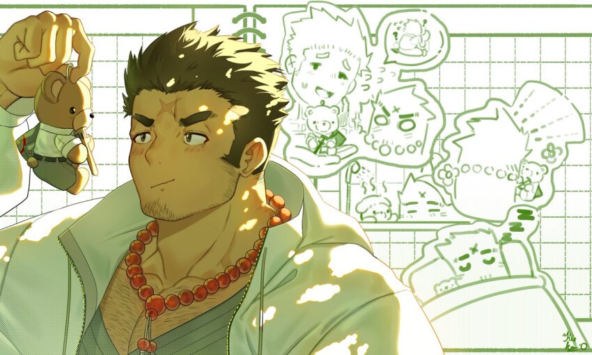 bead_necklace, beads, blush, body_hair, chibi, chibi_inset, facial_hair, green_background