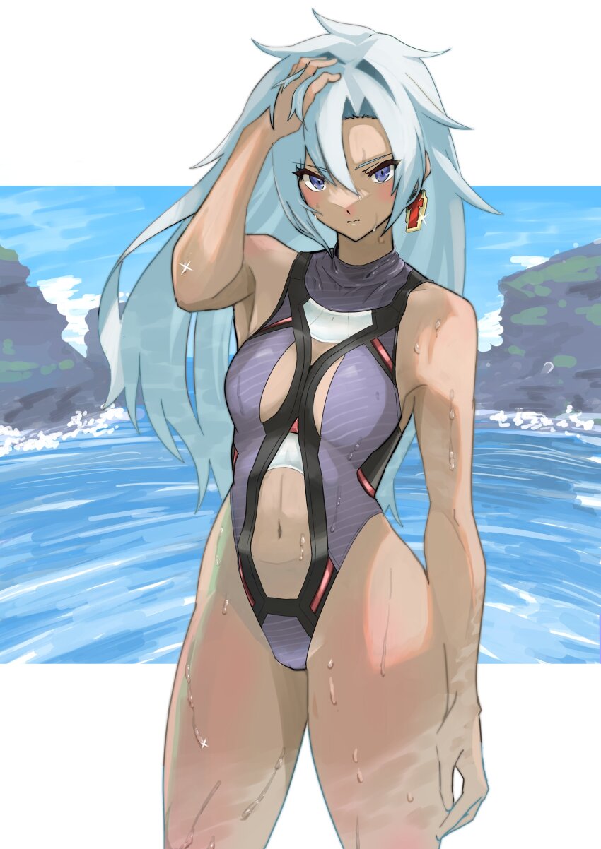 1girl, a_(xenoblade), absurdres, bare_legs, bare_shoulders, blue_eyes, breasts, closed_mouth, earrings, expressionless, grey_hair, hair_between_eyes, hair_intakes, hand_in_own_hair, highres, jewelry, karian909, long_hair, looking_at_viewer, messy_hair, navel, ocean, one-piece_swimsuit, single_earring, small_breasts, solo, swimsuit, very_long_hair, water, wet, wet_clothes, wet_hair, wet_swimsuit, xenoblade_chronicles_(series), xenoblade_chronicles_3, xenoblade_chronicles_3:_future_redeemed