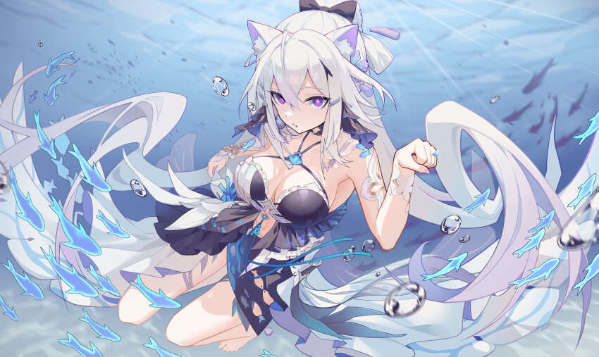 1girl, absurdres, ai_dongdong, animal_ears, bare_legs, barefoot, black_bow, black_bowtie, black_dress, bow, bowtie, breasts, cat_ears, dress, hair_between_eyes, hair_bow, highres, honkai_(series), honkai_impact_3rd, jewelry, kiana_kaslana, kiana_kaslana_(herrscher_of_finality), kiana_kaslana_(selenic_ripples), large_breasts, long_dress, long_hair, looking_at_viewer, medium_breasts, paw_pose, purple_hair, ring, sidelocks, solo, submerged, swimsuit, thighs, underwater, very_long_hair, water, white_hair