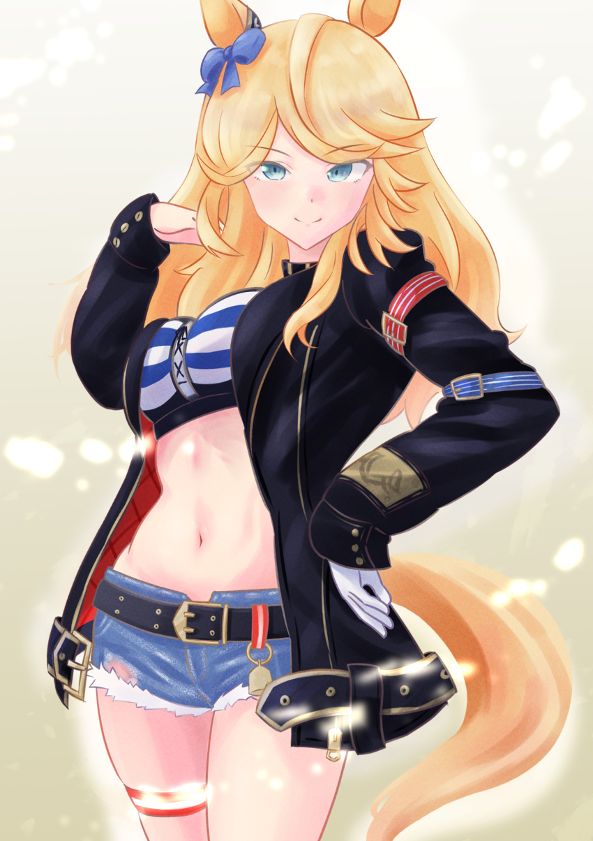 1girl, animal_ears, bandeau, belt, black_belt, black_jacket, blonde_hair, blue_bow