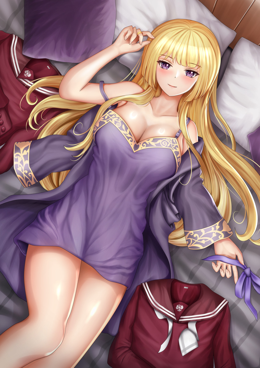 1girl, arm_out_of_sleeve, assault_lily, bare_shoulders, bed, blonde_hair, blunt_bangs, blush