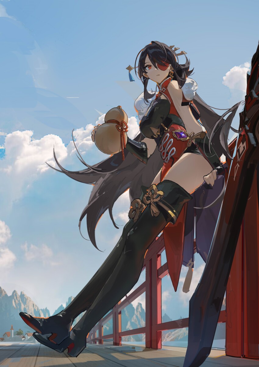 1girl, absurdres, against_railing, beidou_(genshin_impact), black_boots, black_dress, blackcliff_slasher_(genshin_impact), blue_sky, boots, cloud, colored_eyepatch, commentary_request, dress, eyepatch, fingerless_gloves, full_body, genshin_impact, gloves, gourd, hair_ornament, hair_stick, highres, holding, holding_gourd, hui_wuya, long_hair, looking_at_viewer, mountainous_horizon, one_eye_covered, outdoors, parted_lips, railing, red_dress, red_eyes, sky, sleeveless, sleeveless_dress, solo, tassel, thigh_boots, very_long_hair