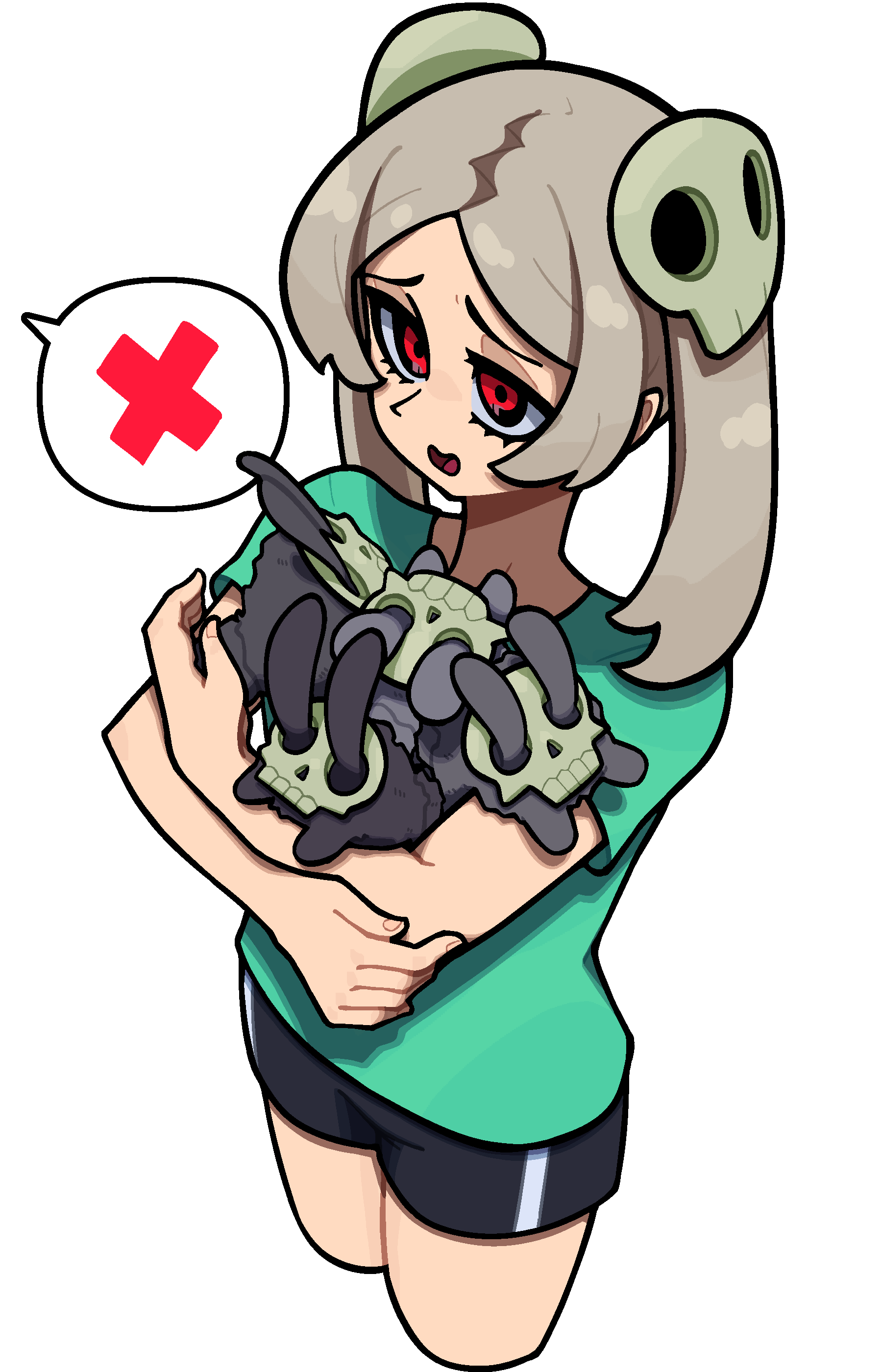 1girl, absurdres, alternate_costume, bloody_marie_(skullgirls), casual, cropped_legs, dust_bunny_(skullgirls), grey_hair