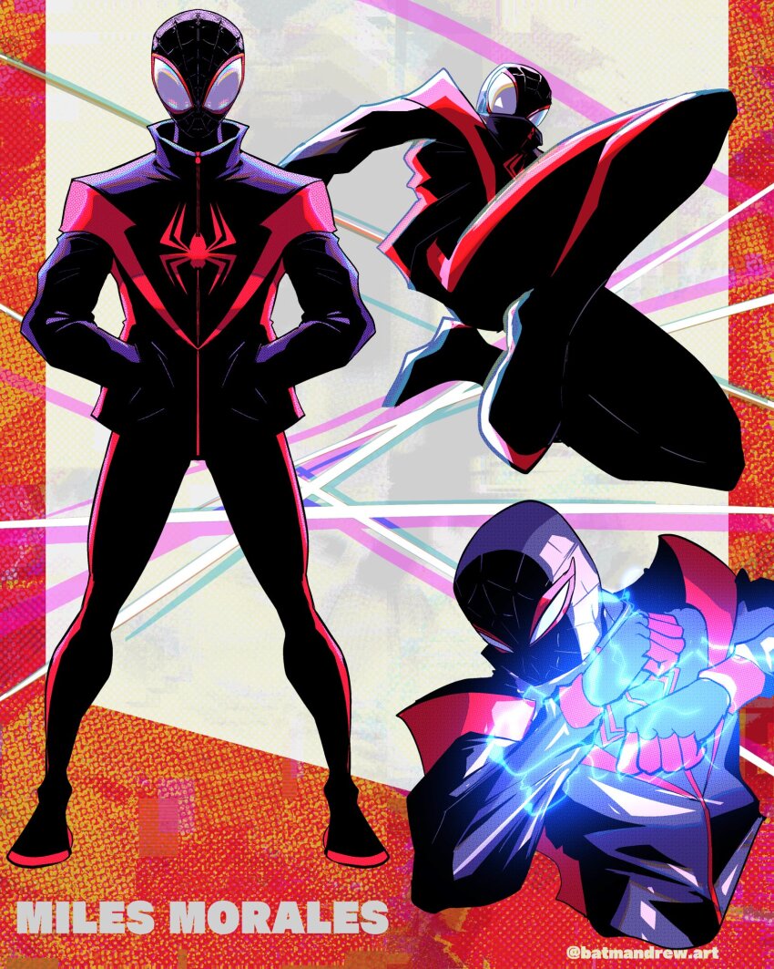 batmandrewart, coat, electricity, highres, kicking, marvel, miles_morales, serious