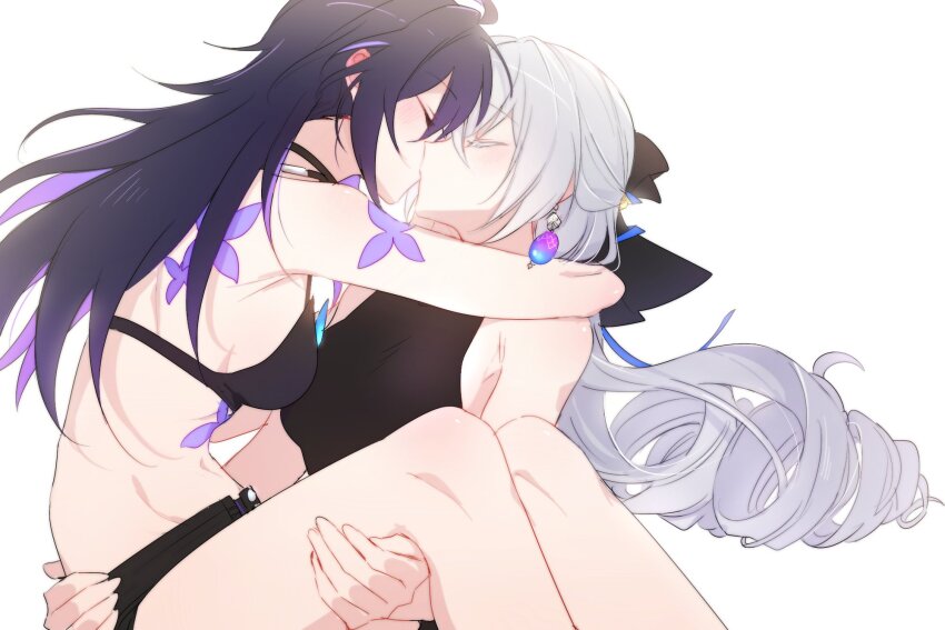 2girls, 6_(yuchae), abs, ahoge, alternate_costume, bare_legs, bare_shoulders, black_bra