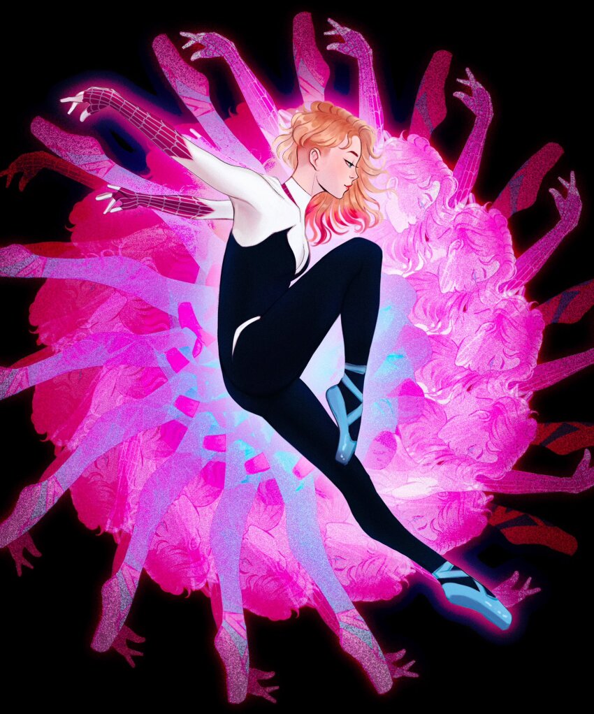 1girl, asymmetrical_hair, ballet_slippers, blue_footwear, bodysuit, colored_tips, gittanart, gwen_stacy