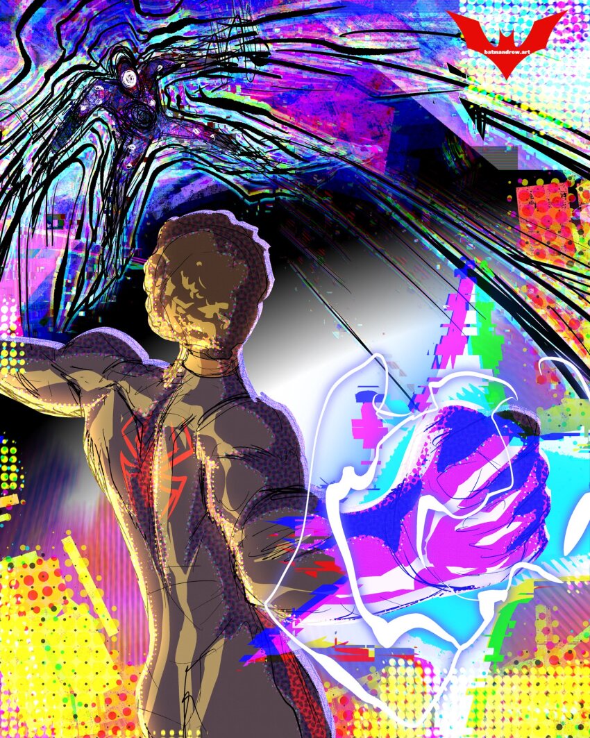 batmandrewart, distortion, electricity, fighting, highres, marvel, miles_morales, punching