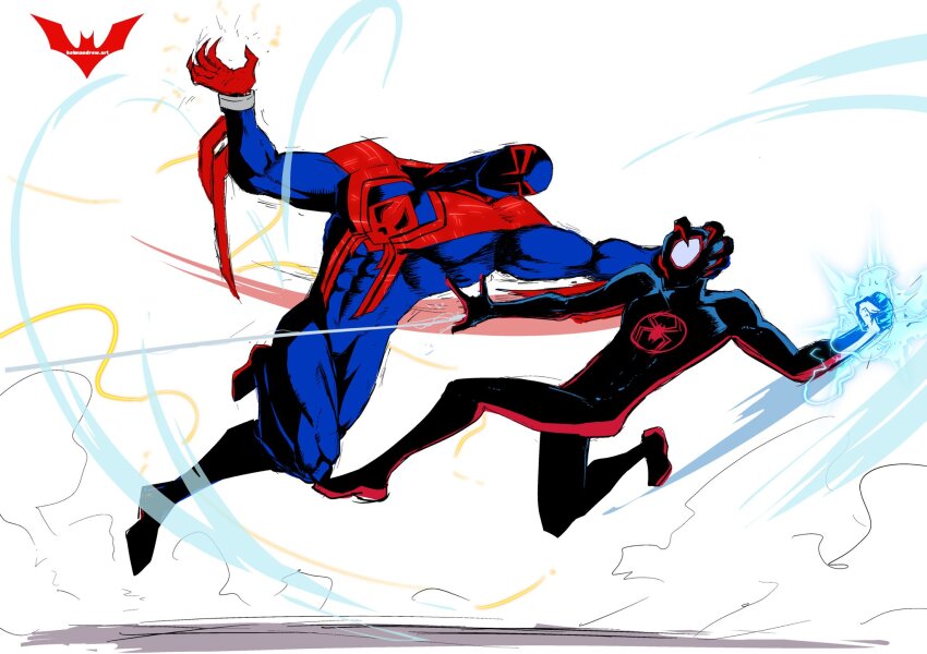 batmandrewart, claws, electricity, fighting, grabbing_another's_head, highres, incoming_attack, marvel, miguel_o'hara, miles_morales, punching, silk, spider-man:_across_the_spider-verse, spider-man_(2099), spider-man_(miles_morales), spider-man_(series), spider-verse, spider_web, tagme