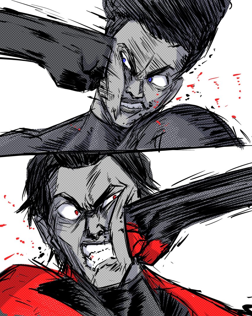 angry, batmandrewart, black_hair, blood, blue_eyes, fighting, highres, marvel, miguel_o'hara, miles_morales, punching, red_eyes, spider-man:_across_the_spider-verse, spider-man_(2099), spider-man_(miles_morales), spider-man_(series), spider-verse, spot_color, tagme