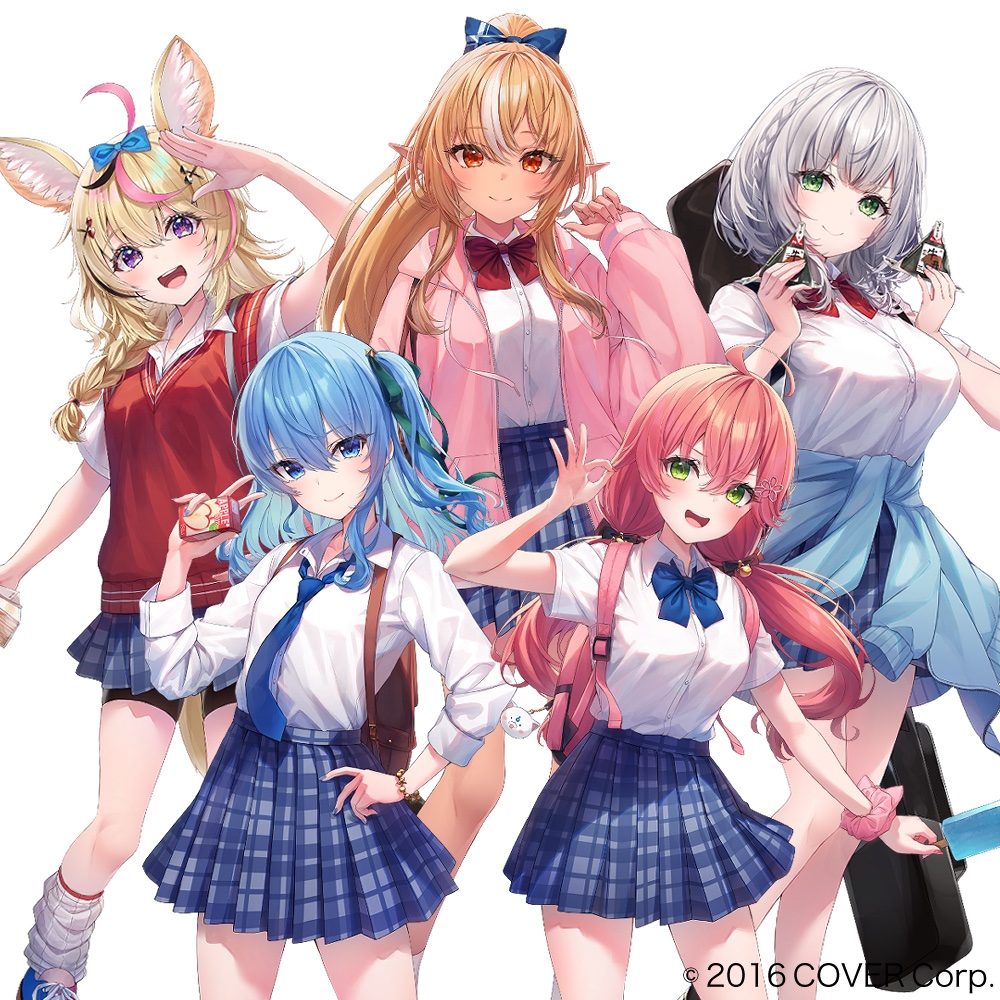5girls, animal_ears, backpack, bag, blue_bow, blue_bowtie, blue_necktie, blue_skirt