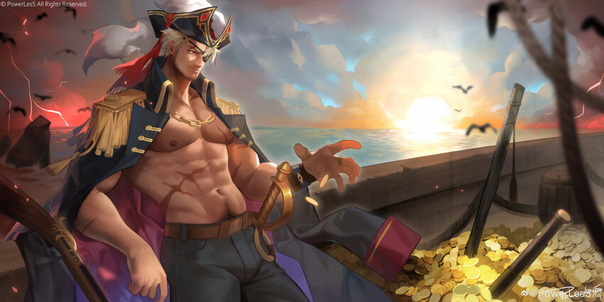 1boy, abs, absurdres, bara, bara_pirate, bare_pectorals, barrel, blonde_hair