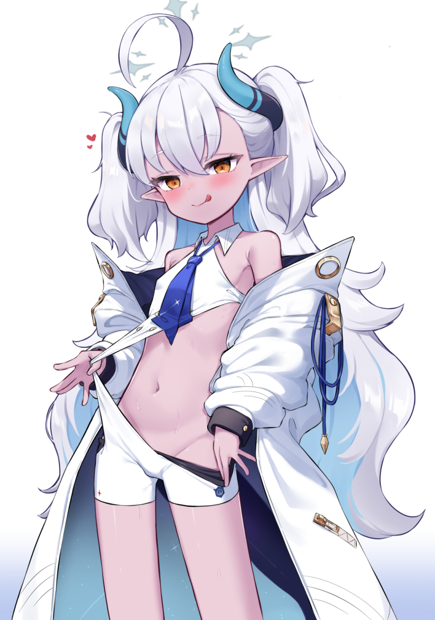 1girl, :q, \||/, ahoge, bare_shoulders, bike_shorts, black_shorts, blue_archive, blue_hair, blue_necktie, blush, bodysuit, breasts, closed_mouth, clothes_pull, clothing_cutout, coat, coat_partially_removed, colored_inner_hair, commentary_request, dark-skinned_female, dark_skin, demon_girl, demon_horns, demon_tail, groin, hair_between_eyes, halo, heart, highres, holding, horns, long_hair, long_sleeves, looking_at_viewer, multicolored_hair, navel, necktie, orange_eyes, paid_reward_available, partial_commentary, pointy_ears, puffy_long_sleeves, puffy_sleeves, shokupan_(slvk12), shorts, side_cutout, simple_background, sleeveless, sleeveless_bodysuit, small_breasts, solo, star_halo, stomach, sumomo_(blue_archive), tail, tongue, tongue_out, two-tone_hair, two_side_up, variant_set, very_long_hair, white_background, white_bodysuit, white_coat, white_hair