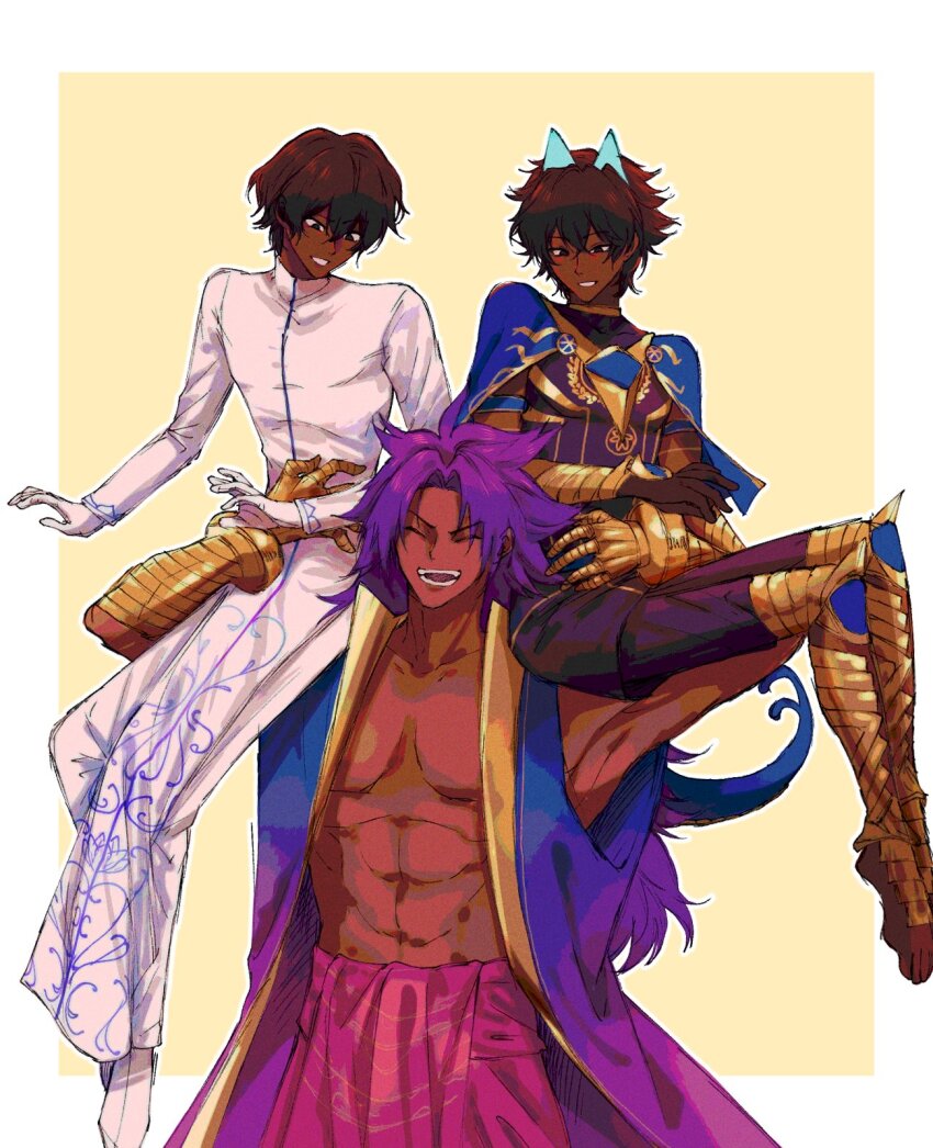 3boys, arjuna_(fate), arjuna_alter_(fate), arjuna_alter_(third_ascension)_(fate), ark_skin, armlet, asian_indian_clothes, bare_pectorals, bhima_(fate), blue_capelet, blue_horns, brothers, brown_hair, capelet, closed_eyes, collarbone, cowboy_shot, dark-skinned_male, dark_skin, fate/grand_order, fate_(series), full_body, gauntlets, gloves, glowing_horns, hair_between_eyes, highres, horns, jewelry, large_pectorals, long_hair, long_sleeves, looking_at_another, male_focus, multiple_boys, muscular, muscular_male, pectorals, pipipiinat, purple_hair, purple_vest, short_hair, siblings, simple_background, sitting_on_shoulder, smile, two-tone_background, very_long_hair, vest, white_background, white_footwear, white_gloves