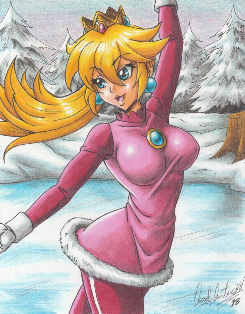 1girl, 2018, arm_up, blonde_hair, blue_eyes, breasts, crown, earrings