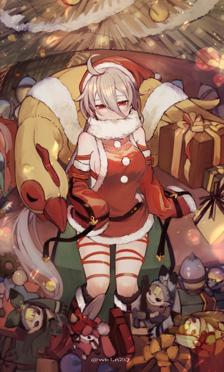 1girl, absurdres, ahoge, breasts, christmas, christmas_present, closed_mouth, couch