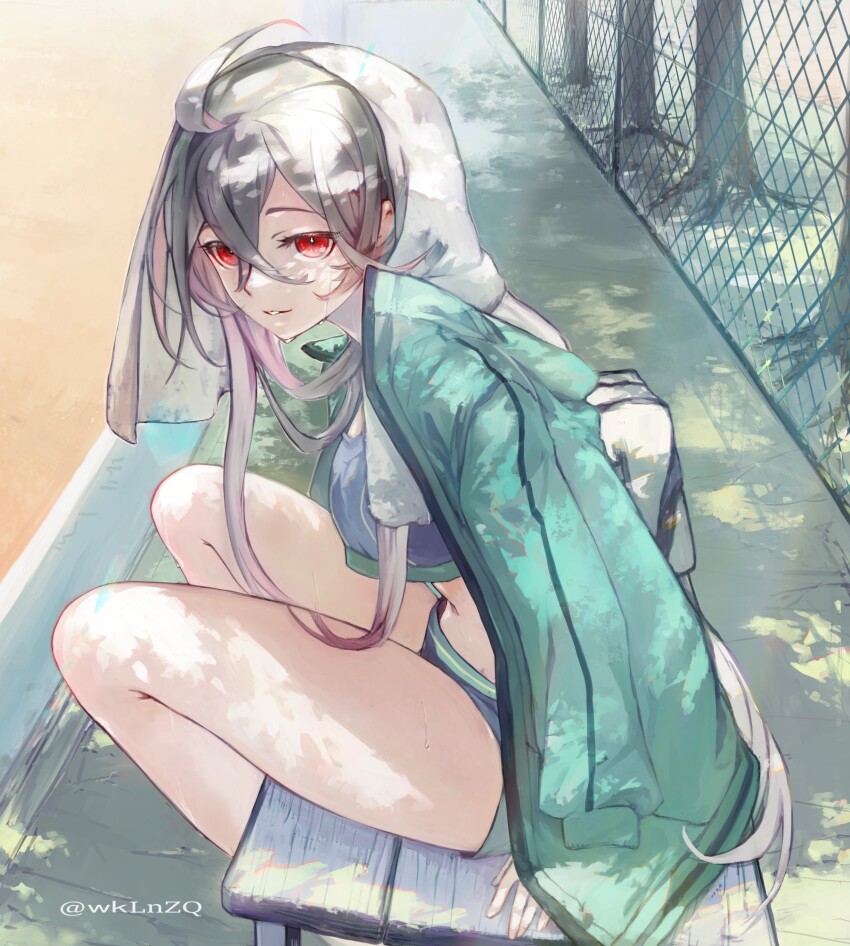 1girl, absurdres, ahoge, bag, bare_legs, bench, blue_jacket, crop_top, from_side, grey_hair, highres, jacket, laevateinn_(phantom_of_the_kill), midriff, phantom_of_the_kill, red_eyes, short_shorts, shorts, sitting, solo, sweat, towel, towel_on_head, track_and_field, tree, upper_body, wklnzq