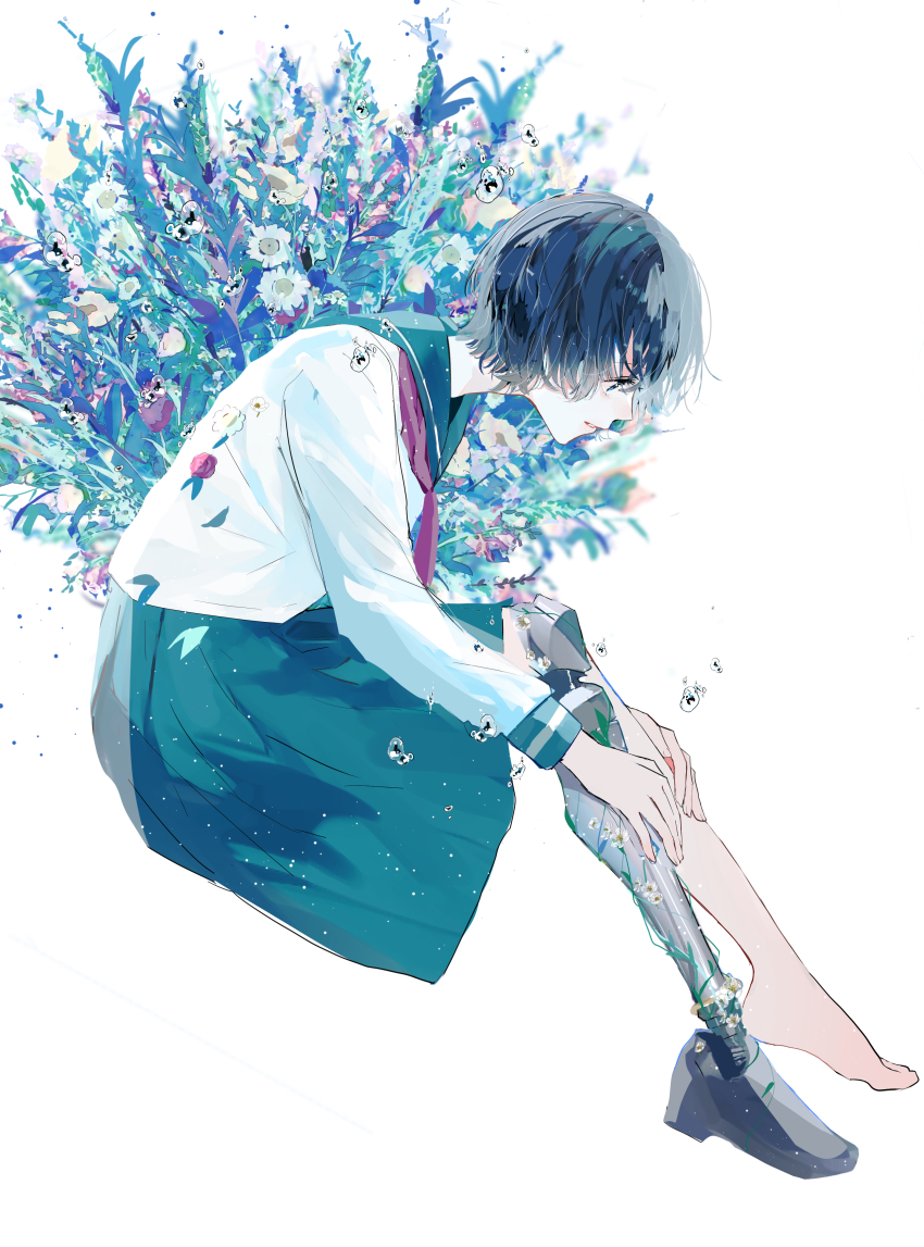 1girl, absurdres, amputee, bare_legs, barefoot, black_hair, blue_eyes, blue_sailor_collar