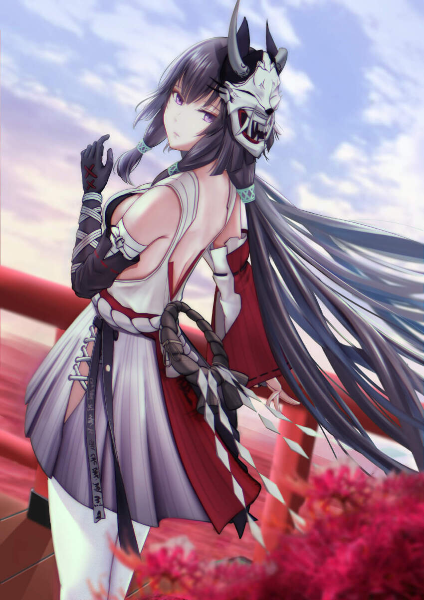 1girl, black_gloves, black_hair, breasts, cattleyayuko, elbow_gloves, fangs, gloves, hair_ribbon, highres, horns, japanese_clothes, long_hair, looking_at_viewer, mask, mask_on_head, medium_breasts, miko, nontraditional_miko, oni_mask, pantyhose, punishing:_gray_raven, purple_eyes, ribbon, selena:_capriccio_(vox_solaris)_(pgr), selena_(pgr), sideboob, sidelocks, tress_ribbon, white_pantyhose