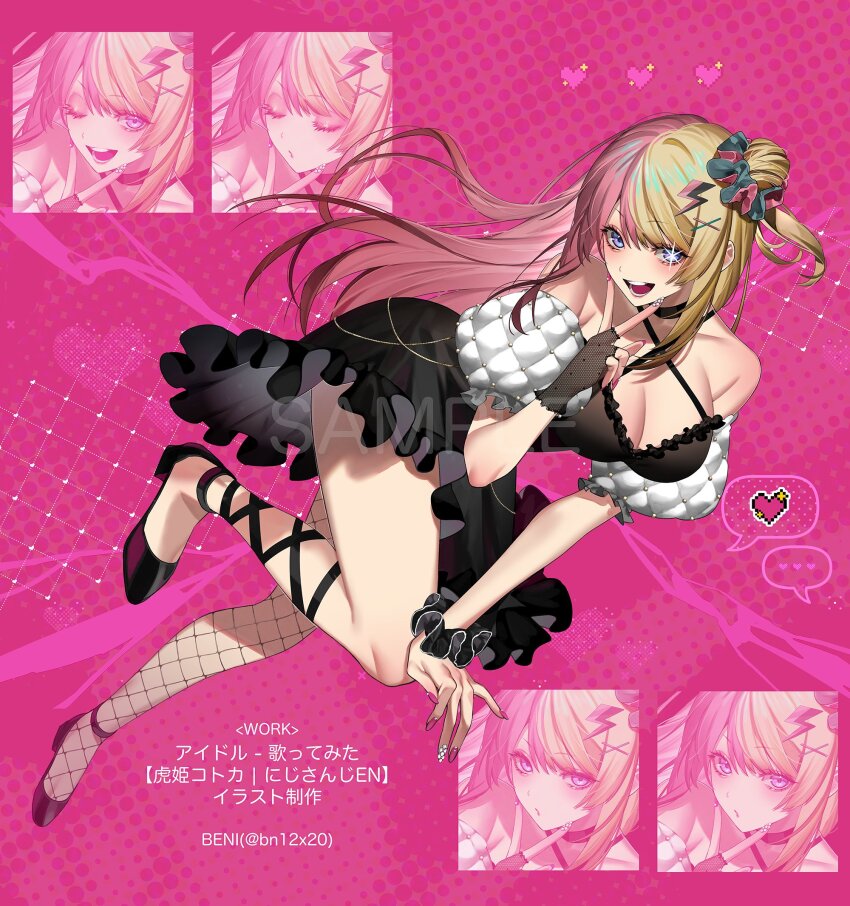 1girl, beni_(bn12x20), black_dress, blonde_hair, breasts, cleavage, detached_sleeves, dress, fingerless_gloves, full_body, gloves, hair_bun, hair_ornament, hair_scrunchie, highres, idol_(yoasobi), kotoka_torahime, large_breasts, lightning_bolt, lightning_bolt_hair_ornament, lightning_bolt_symbol, long_hair, multicolored_hair, nijisanji, nijisanji_en, oshi_no_ko, pink_hair, puffy_detached_sleeves, puffy_sleeves, sample_watermark, scrunchie, single_glove, single_side_bun, split-color_hair, star-shaped_pupils, star_(symbol), symbol-shaped_pupils, two-tone_hair, virtual_youtuber, watermark, x_hair_ornament, yoasobi