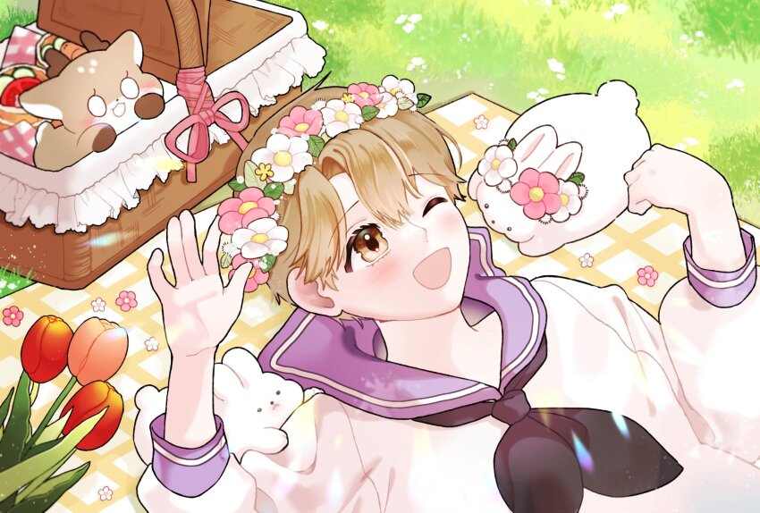 1boy, animal, animalization, basket, bbing_zzi, black_neckerchief, blonde_hair, blush, brown_eyes, commentary_request, day, debwi_mos_hamyeon_jugneun_byeong_geollim, deer, flower, grass, head_wreath, highres, korean_commentary, long_sleeves, lying, male_focus, neckerchief, on_back, one_eye_closed, open_mouth, purple_sailor_collar, rabbit, red_flower, sailor_collar, seon_ahyun, shirt, short_hair, smile, tulip, white_shirt