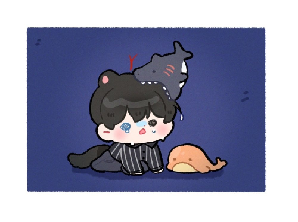 1boy, animal, animal_ears, bbing_zzi, biting, black_hair, black_shirt, blue_background, blue_eyes, blush, border, chibi, commentary_request, eoduun_badaui_deungbul-i_doeeo, head_biting, heterochromia, kemonomimi_mode, korean_commentary, long_sleeves, male_focus, open_mouth, pants, park_moo-hyun, shark, shirt, short_hair, simple_background, solo, striped_clothes, striped_shirt, stuffed_animal, stuffed_toy, stuffed_whale, tail, tears, vertical-striped_clothes, vertical-striped_shirt, white_border