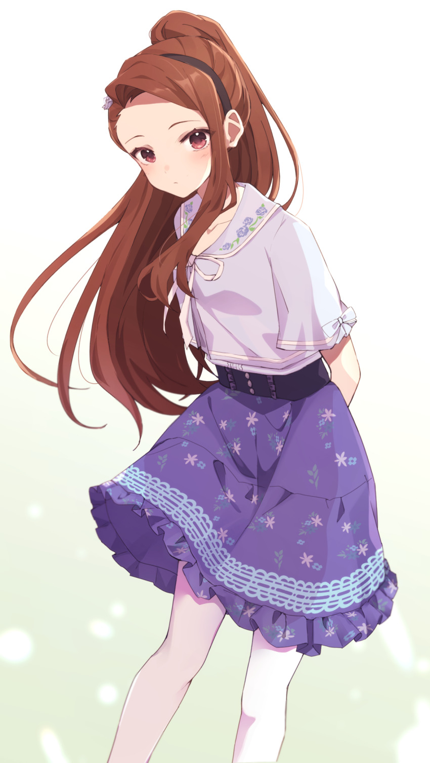 1girl, arms_behind_back, asymmetrical_bangs, blue_shirt, blush, brown_hair, child, collarbone, feet_out_of_frame, floral_print, forehead, highres, idolmaster, idolmaster_(classic), idolmaster_million_live!, idolmaster_million_live!_theater_days, long_hair, looking_at_viewer, maa_(io_215), minase_iori, official_alternate_hairstyle, pantyhose, ponytail, private_dress_(idolmaster_million_live!), purple_skirt, shirt, simple_background, single_sidelock, skirt, solo, te, very_long_hair, white_background, white_pantyhose